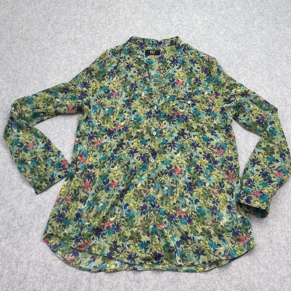 KUT From The Kloth Blouse Womens Size 1x-2x Green Floral Henley Tunic Top